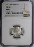 Belgium Albert I Silver 1912 50 Centimes French NGC MS64 Toned KM# 70 (041)