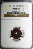 Belgian Congo Copper 1910 1 Centime NGC MS63 BN Soft Struck KM# 15 (040)