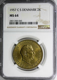 Denmark Frederik IX Aluminum-Bronze 1957 C S 2 Kroner NGC MS64 31mm KM# 838.2