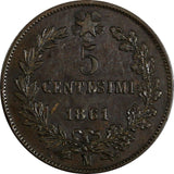 Italy Vittorio Emanuele II Copper 1861 M  5 Centesimi XF KM# 3.2 (20 221)