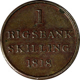 Denmark Frederik VI Copper 1818 1 Rigsbankskilling  XF+/AU Condition KM# 688