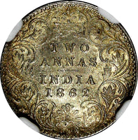 India-British Victoria Silver 1862 (C) 2 Annas Calcutta NGC MS63 KM# 469 (032)