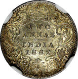 India-British Victoria Silver 1862 (C) 2 Annas Calcutta NGC MS63 KM# 469 (032)