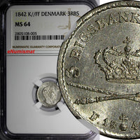 Denmark Christian VIII Silver 1842 K FF 3 Rigsbankskilling NGC MS64 KM# 729 (5)