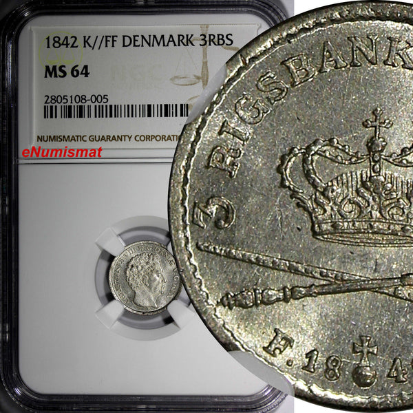 Denmark Christian VIII Silver 1842 K FF 3 Rigsbankskilling NGC MS64 KM# 729 (5)