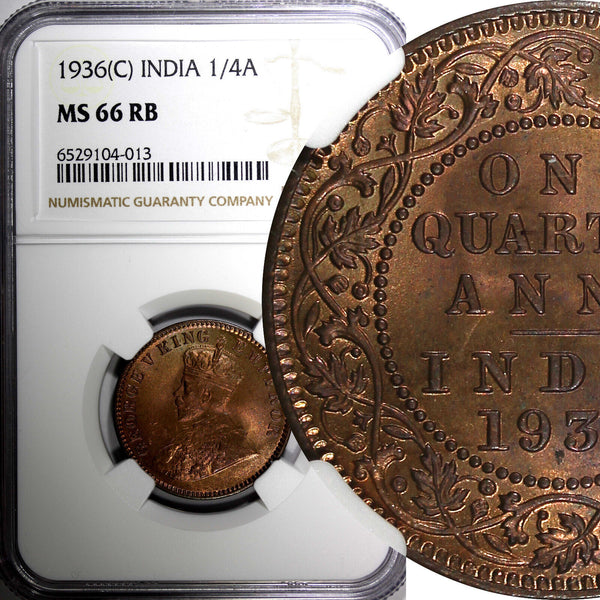 India-British George V Bronze 1936 (C) 1/4 Anna NGC MS66 RB LAST DATE KM#512 (3)