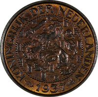 Netherlands Wilhelmina I Bronze 1937 1 Cent UNC Condition KM# 152