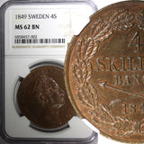 Sweden Oscar I 1849 4 Skilling Banco 37.2 mm 1st Year NGC MS62 BN KM# 672 (002)