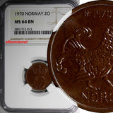 NORWAY Olav V Bronze 1970 2 Ore NGC MS64 BN PROOF LIKE SURFACE KM# 410 (013)