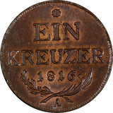 Austria Franz I 1816 A 1 Kreuzer Vienna Mint UNC Nice Red Brown Toned KM#2113(7)