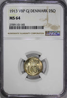 Denmark .Christian X Silver 1913 VBP GJ 25 Ore NGC MS64 KM# 815.1 (145)