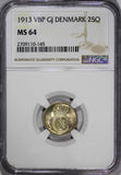 Denmark .Christian X Silver 1913 VBP GJ 25 Ore NGC MS64 KM# 815.1 (145)