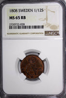 SWEDEN Gustaf IV Copper 1808 1/12 Skilling NGC MS65 RB TOP GRADED KM# 563 (028)