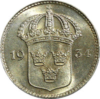 SWEDEN Gustaf V Silver 1934 G 10 Öre UNC TONED KM# 780 (21 904)