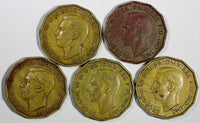 Great Britain George VI LOT OF 5 COINS 1948 3 Pence  KM# 849 (20 240)