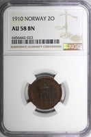 Norway Haakon VII Bronze 1910 2 Øre BETTER DATE RARE NGC AU58 BN KM# 371 (23)