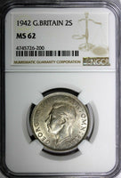 GREAT BRITAIN George VI Silver 1942 Florin /2 Shilling NGC MS62 WWII Issue KM855