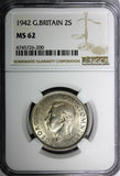 GREAT BRITAIN George VI Silver 1942 Florin /2 Shilling NGC MS62 WWII Issue KM855