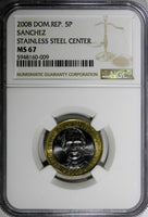 Dominican Republic Sánchez 2008 5 Pesos Magnetic NGC MS67 TOP GRADED KM# 89 (9)