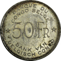 Belgian Congo Léopold III Silver 1944 50 Francs Elephant 1 YEAR TYPE SCARCE KM27