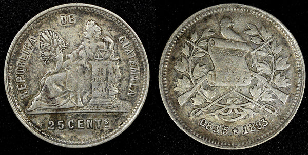 GUATEMALA Silver 1893 25 Centavos Guatemala City Mint KM# 209.2 (22 927)