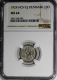 DENMARK Christian X Copper-Nickel 1924 HCN GJ 10 Ore NGC MS64 KM# 822.1 (080)