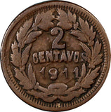 Honduras Bronze 1911 2 Centavos Mintage-68,000  KM# 69