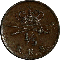 Denmark Christian VIII Copper 1842 FF 1/5 Rigsbankskilling XF KM# 724 (13 972)