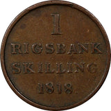 Denmark Frederik VI Copper 1818 1 Skilling Rigsmont Diameter 23 mm KM# 688