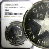 Ghana Silver Proof 1958 10 Shillings NGC PF62 Mintage-11,000 Independence KM# 7