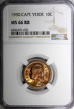 Cape Verde Bronze 1930 10 Centavos 1 YEAR TYPE NGC MS66 RB TOP GRADED KM# 2 (35)