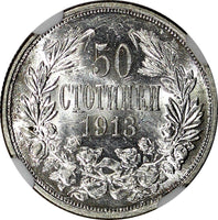 Bulgaria Ferdinand I Silver 1913 50 Stotinki NGC MS61 KM# 30 (009)