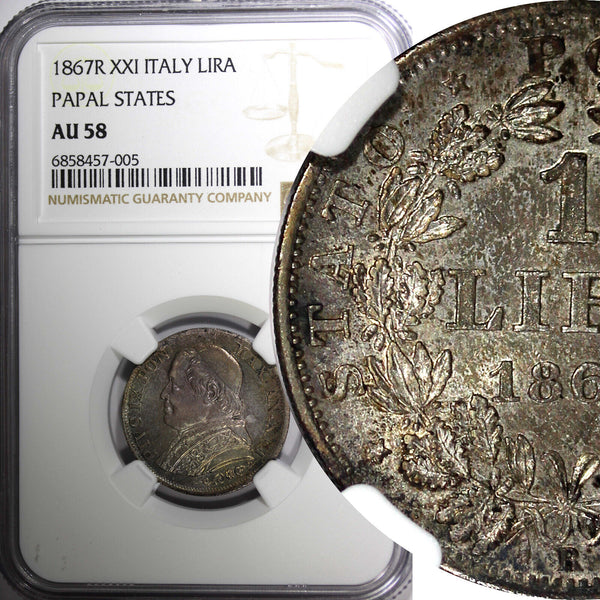 Italy PAPAL STATES Pius IX Silver 1867 XXI R 1 Lira NGC AU58 Toned KM# 1378 (5)