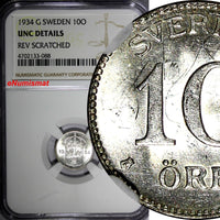 SWEDEN Silver 1934 G 10 Ore NGC UNC DETAILS KM# 780 (088)