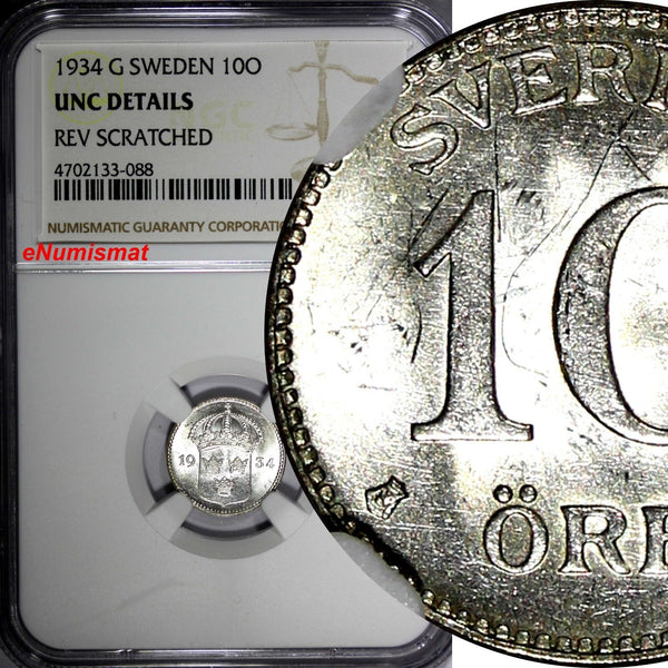 SWEDEN Silver 1934 G 10 Ore NGC UNC DETAILS KM# 780 (088)