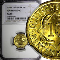 Germany 1924 A 10 Reichspfennig NGC MS65 ONLY 1 GRADED HIGHEST BY NGC KM# 40 (6)