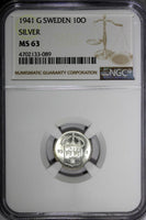 SWEDEN Gustaf V Silver 1941-G 10 Ore NGC MS63 WWII Issue Light Toned KM# 780