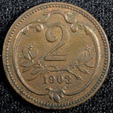 Austria Franz Joseph I Bronze 1903 2 Heller UNC KM# 2801 (23 953)