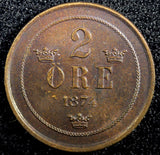 Sweden Oscar II Copper 1874 2 Ore 1st Year Type SCARCE KM# 735   (23 127)