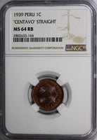 Peru 1939 1 Centavo NGC MS64 RB STRAIGHT TOP GRADED NGC Thick KM# 208.2 (144)