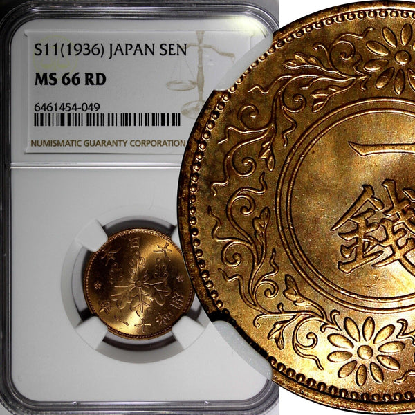 JAPAN Bronze SHOWA S11 (1936) 1 Sen NGC MS66 RD FULL RED TOP GRADED Y# 47 (049)