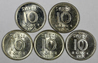 Sweden Gustaf VI SILVER LOT OF 5 COINS 1952-1956 10 Öre UNC GEM KM# 823 (77)