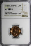 Great Britain George V Bronze 1924 Farthing NGC MS64 RB KM# 808.2 (004)