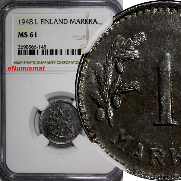 Finland Iron 1948-L  1 Markka NGC MS61 KM# 30b (145)