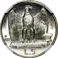 Italy Vittorio Emanuele III Silver 1927 R 5 Lire Edge" FERT" NGC MS62 KM#67.2(4)