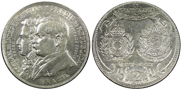 Brazil Silver 1922 2000 Reis  Independence Centennial 1 YEAR TYPE KM# 523 (405)