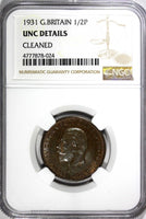 Great Britain George V Bronze 1931 1/2 Penny NGC UNC DETAILS TONING KM# 837 (24)