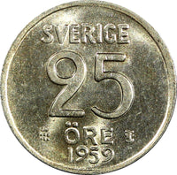 Sweden Gustaf VI Silver 1959 TS 25 Öre GEM BU COIN KM# 824 (22 018)