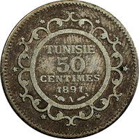 Tunisia Ali III Silver 1309 (1891) A 50 Centimes 1st Year Type KM# 223 (18 926)