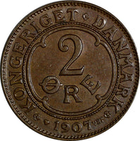 Denmark Frederik VIII Bronze 1907 VBP GJ 2 Ore Ch UNC  KM# 805 (15 048)